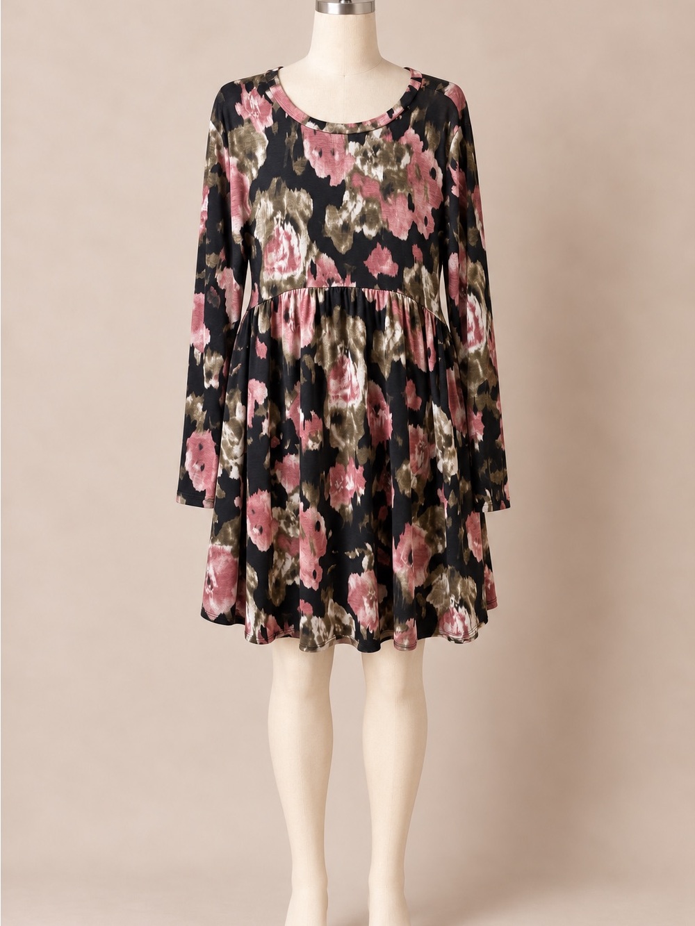 Floral Babydoll Swing Dress Long Sleeve Black Pink Plus Size 2XL